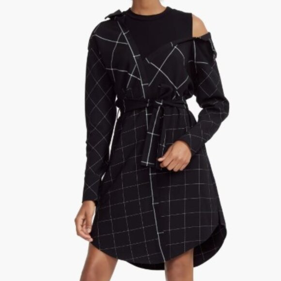 Maje Women's Black Razak Windowpane Plaid Cold Shoulder Dress - Size 3 - Picture 1 of 6